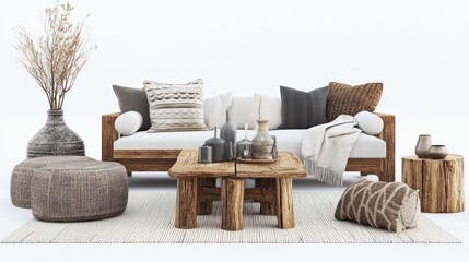 A rustic-themed living room setup with natural wood furniture and soft textiles, designed for use on transparent backgrounds