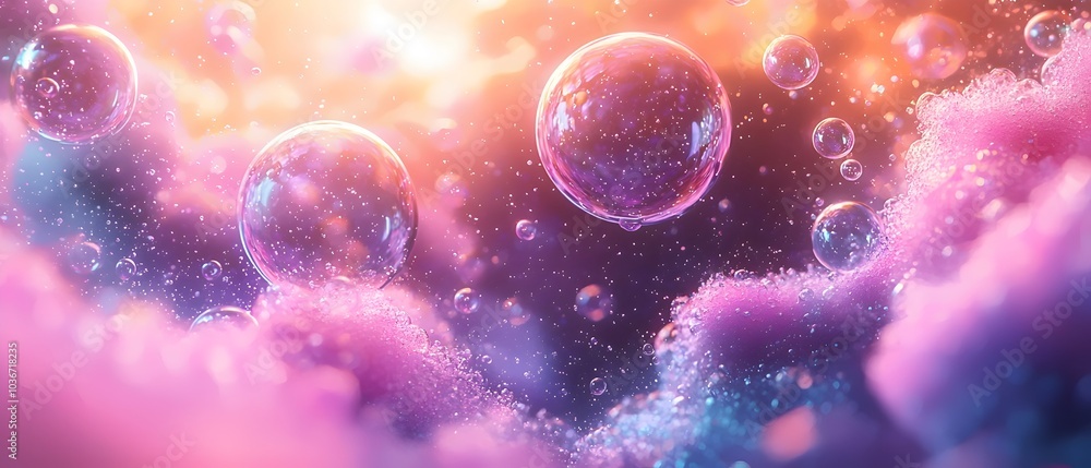 Poster a mesmerizing scene of ethereal soap bubbles floating amidst soft, colorful foam, creating a dreamy 