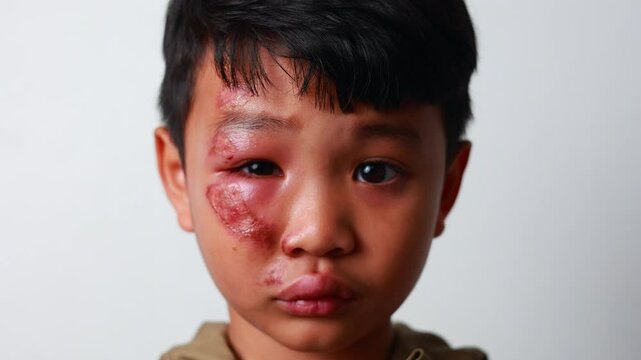 Portrait asian boy received Inflamed wound to his face from falling off his bicycle. extensive edema swelling, bruising