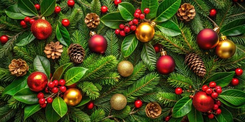 Merry Christmas Decoration with Green Leaf Elements in Aerial Photography Style, Festive Holiday Decor, Seasonal Design, Nature-Inspired Christmas Artwork, Bright and Cheerful Aerial View