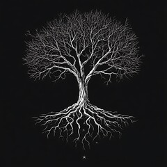 A minimalist black and white illustration of a tree with intricate roots.