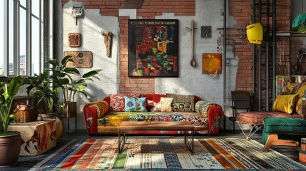 An eclectic living room with mixed patterns, vintage furniture, and artistic decor, ideal for transparent background use