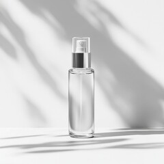 A luxury skincare serum bottle with a matte finish and simple label, standing upright on a clean white surface with subtle reflections