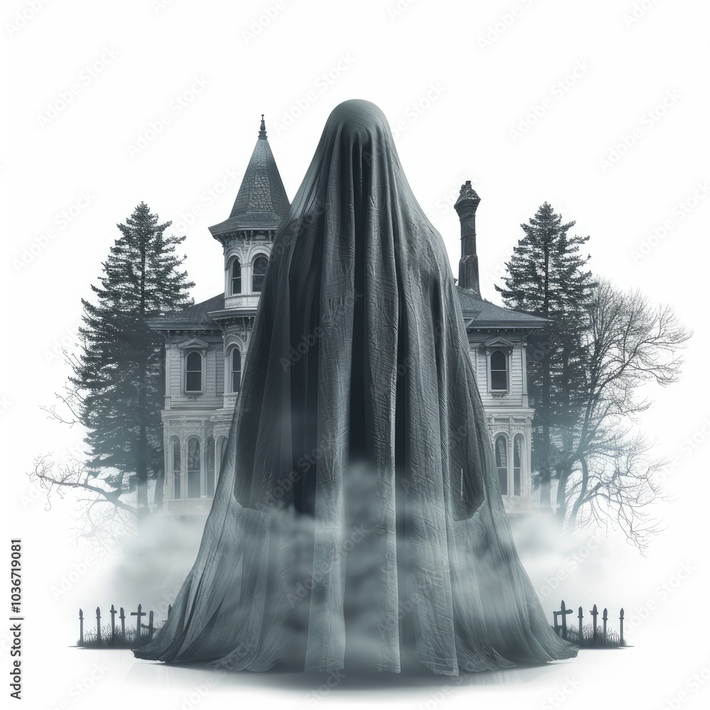 Poster ghost covered in a sheet is standing in the fog in front of a haunted house