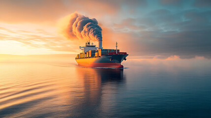 cargo ship emitting smoke across calm ocean at sunset creates striking scene