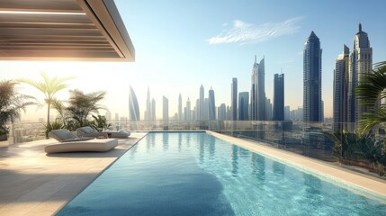 Fototapeta premium An elegant rooftop pool shimmering under the sunlight, overlooking the urban skyline