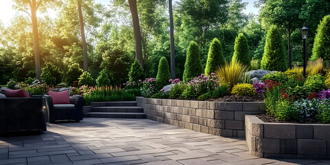 Obraz premium Landscaped patio with retaining wall and pavers, Generative AI