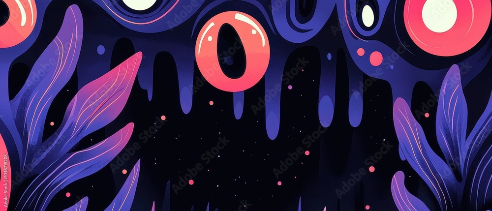 Poster colorful abstract design with vibrant shapes and patterns on a dark background.