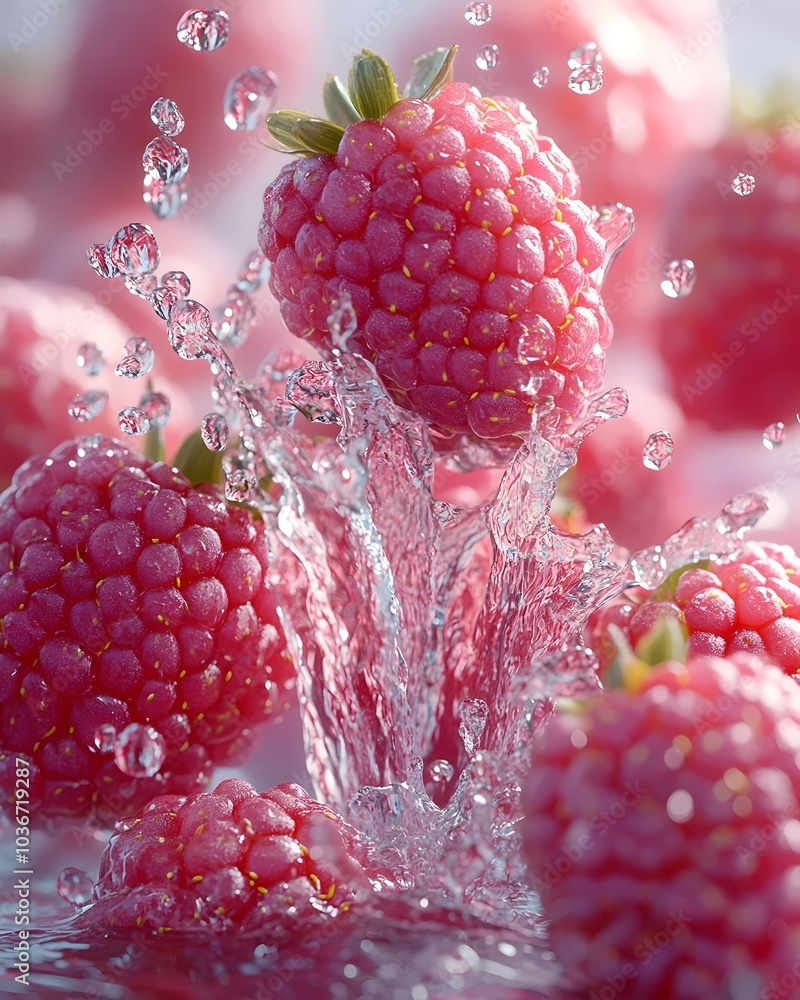 Poster close-up of vibrant pink raspberries splashing into water, creating a dynamic scene filled with drop