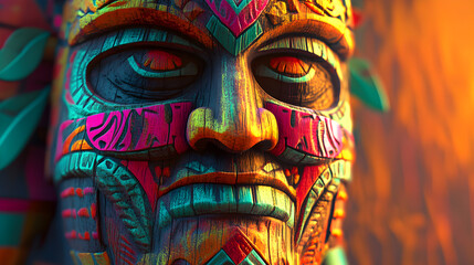 Colorful 3D rendering of sacred tiki mask with intricate details and vibrant colors
