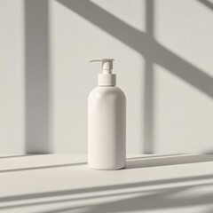 A minimalist lotion bottle with a pump, standing upright on a clean white surface with subtle reflections and natural lighting