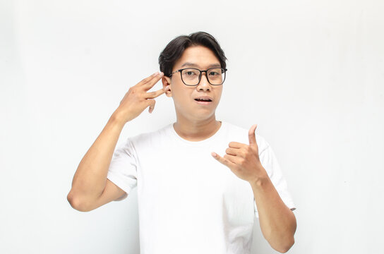 asian young students happily using sign language isolated against white background. Asian man showing interpretation sign in deaf language.