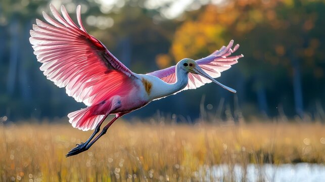 A pink roseate spoonbill in flight with wings spread wide, against a background of golden reeds and trees.