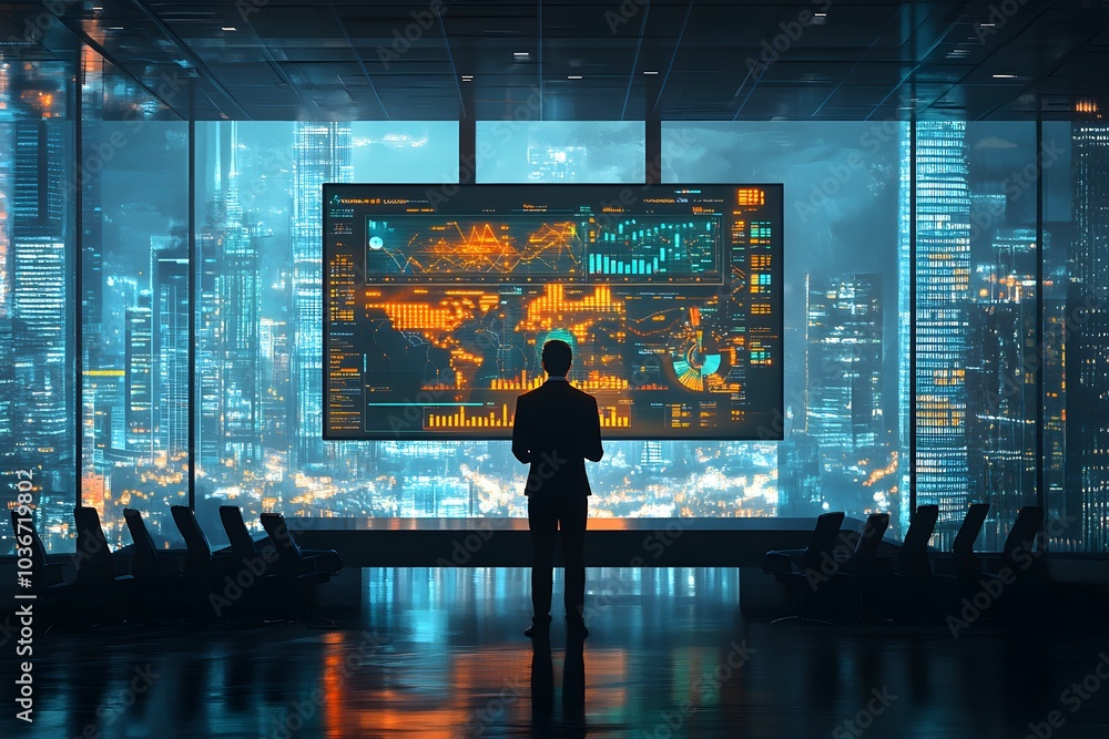 Poster a lone man standing before a large screen displaying graphs and charts, overlooking a city skyline a