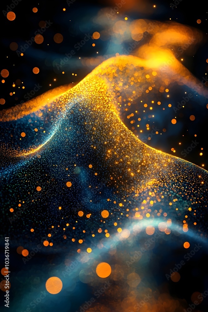 Poster abstract image of shimmering golden and blue particles creating a mesmerizing wave-like pattern. the