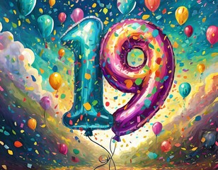 Balloon number 19, illustration for birthday or anniversary celebration, digital painting