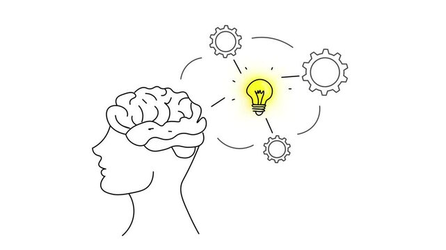  Creativity and Innovation Process Concept. Hand-drawn Line of a brain with a Glowing light bulb connected  To Cogwheel. Creative Idea and Process improvement
