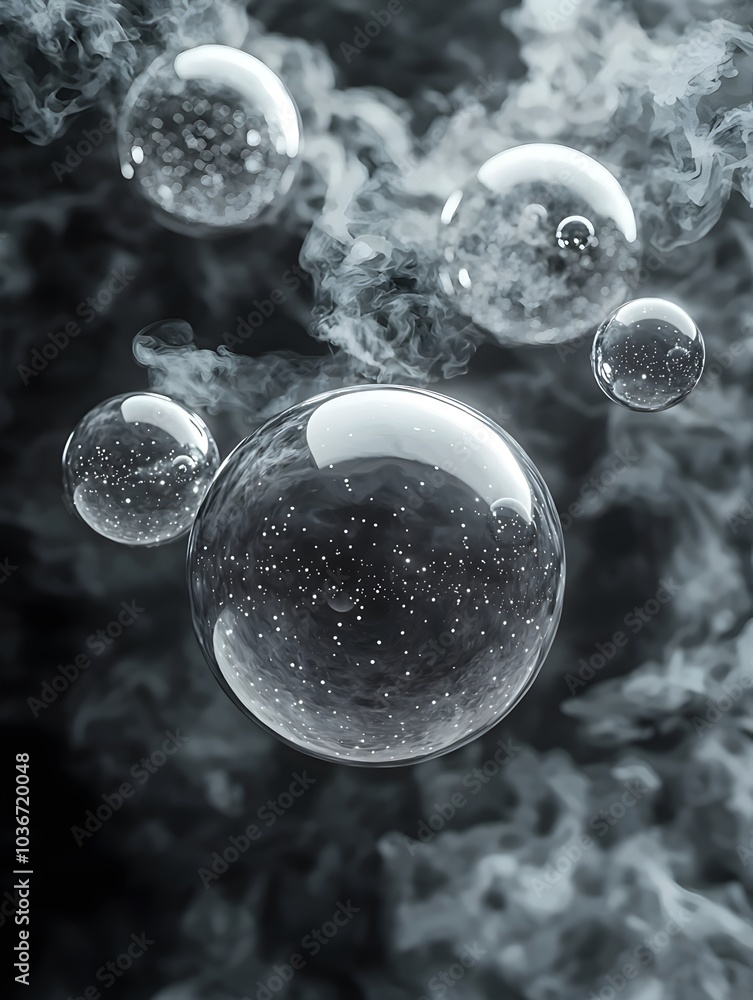 Poster a captivating close-up of transparent bubbles floating amidst swirling smoke, creating a dreamy and 