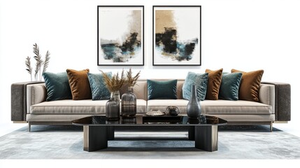 Contemporary lounge set with a glass-top table, plush sofa, and art pieces, ready for use with transparent backgrounds