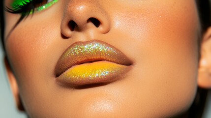 Fototapeta premium A closeup of a Latina model with acid green eyeliner and holographic lip gloss, reflecting passion and vitality, with bright colors emphasizing her warm skin tone and glowing yellow highlighter.
