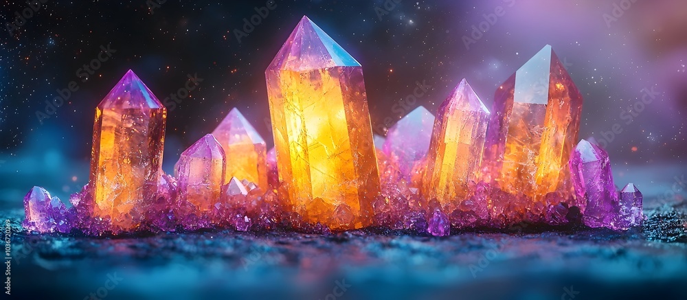 Poster A dazzling array of purple and orange crystals shimmering in an ethereal glow, creating a mystical and magical atmosphere filled with vibrant colors and sparkling details.