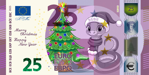 Vector festive fictional banknote of European Union with face value of 25 euros. Cartoon fir tree and cute snake. Symbol of 2025. Merry Christmas and Happy New Year. Game holiday money, certificate.