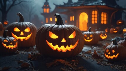 A row of carved pumpkins with lit candles inside are in front of a spooky haunted house with a glowing window at night.