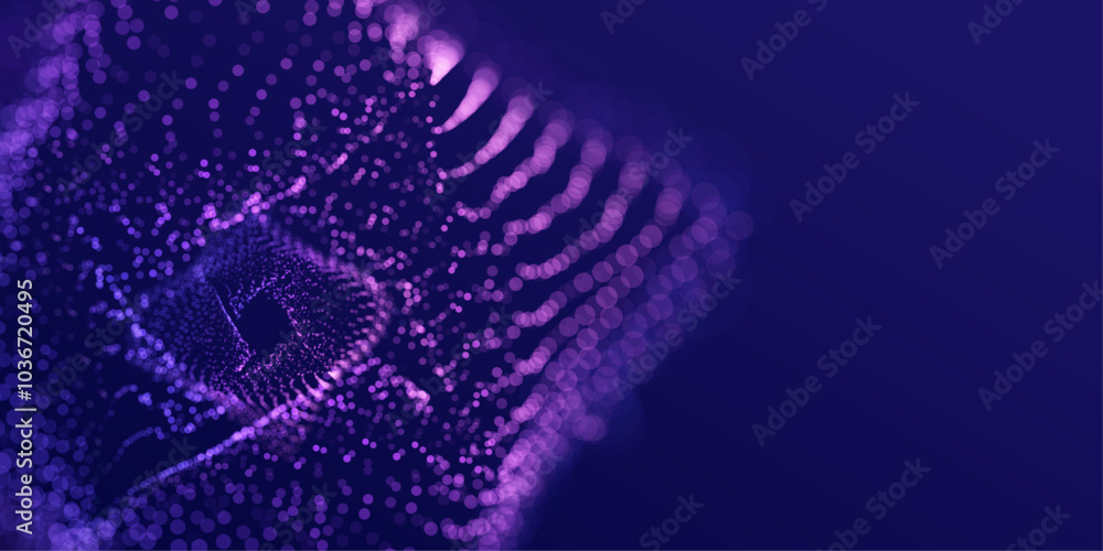 Poster technology ai round blurred particles dots banner. big data neon background. artificial intelligence