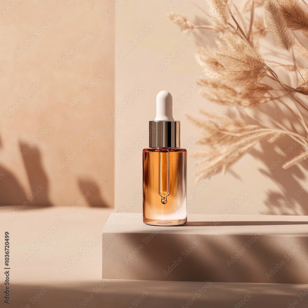 Poster a sleek face serum bottle with a dropper, isolated on a smooth beige surface with subtle botanical e