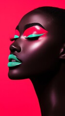 A dynamic beauty shot of a model with bright red eyeshadow and neon purple lips, capturing a mood of mystery and intrigue, with acid green highlighter reflecting light under cyan and magenta lighting.