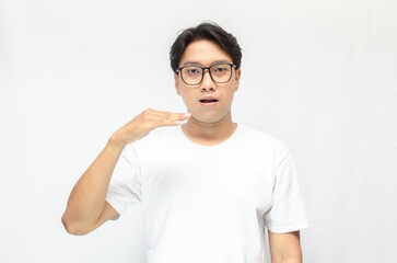 asian young students happily using sign language isolated against white background. Asian man showing interpretation sign in deaf language.