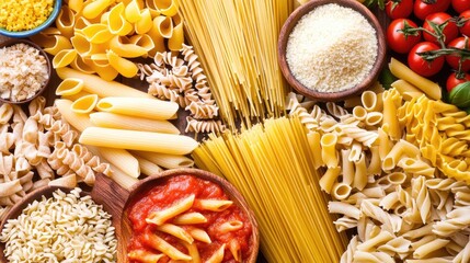 A rustic table spread featuring different pasta varieties, topped with sauces and parmesan cheese, creating a delicious Italian feast.