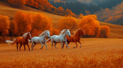 Obraz premium horses gallops through an amber field, 