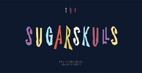 Playful quirky font, jagged fun letters, angular alphabet for joyful Dia de los Muertos lettering, festive celebration, vibrant mexican logo and headline. Vector typeset. © artyway