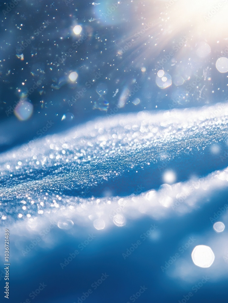 Poster Delicate snow textures sparkle under warm sunlight, creating a tranquil winter atmosphere with gentle blue hues and soft shadows. Generative AI