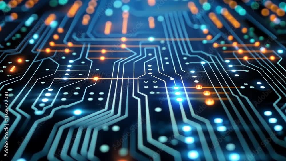 Poster a captivating close-up reveals a circuit board filled with intricate pathways and vivid glowing ligh