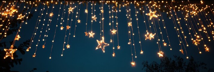 Twinkling lights hang from above, creating a magical atmosphere against a deep blue sky filled with stars during a joyful holiday night. Generative AI