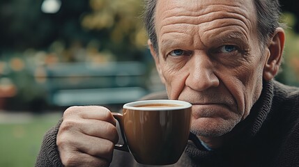 Middle-aged man with slight tremor holding cup of coffee on park bench, symbolizing struggle with Parkinson's disease, calm natural setting.