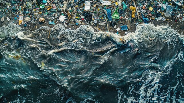 aerial shot of a garbage dump on the ocean. Trash floating on the sea. Large concentration of plastic, light metal, and organic material is known as Great Pacific Garbage Patch, Pacific Trash Vortex.