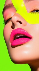 A vibrant closeup of a Japanese model with neon pink eyeshadow and soft glossy lips, gracefully elegant, with acid yellow eyeliner complementing her porcelain skin and soft green lighting.