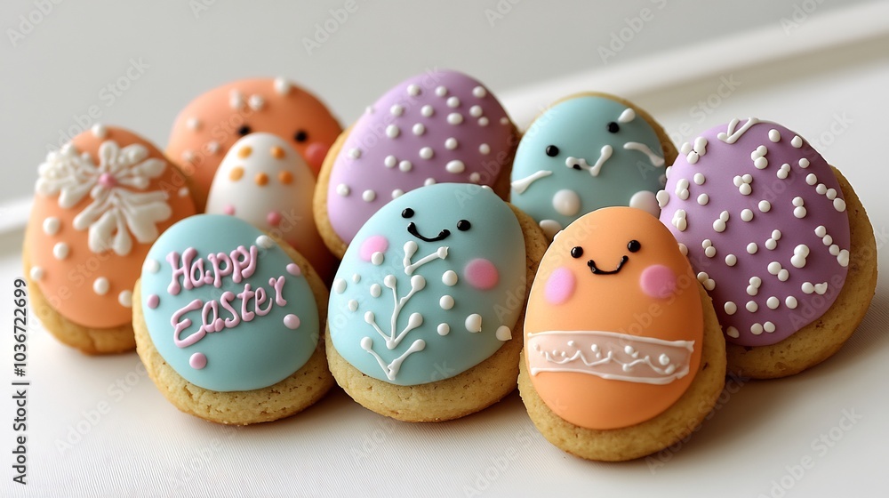 Poster vibrant assortment of pastelcolored easter cookies with intricate patterns set against a clean minim