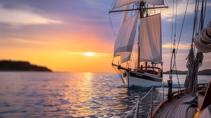 Fototapeta premium A photo of a majestic sailboat gliding through the sparkling ocean at sunset