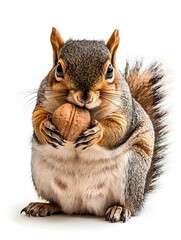 Fototapeta premium Rotund Squirrel Clutching Oversized Nut on White Background