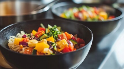 Colorful Noodle Bowls in a Cozy Kitchen Setting