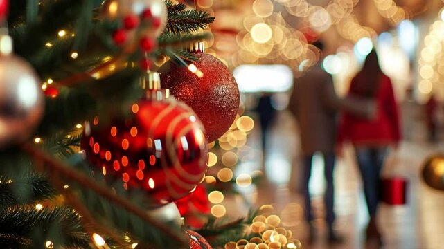 A couple walks closely together, embracing the holiday spirit as they admire a charming Christmas tree adorned with bright ornaments and twinkling lights in a bustling shopping center.