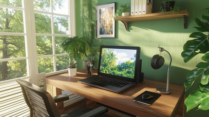 A serene home office environment with a headset, laptop,