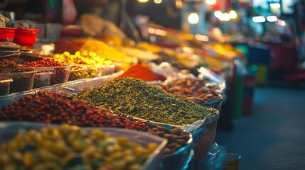 Fototapeta premium Colorful Spices and Fresh Herbs in Market Stall