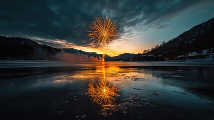 Fireworks Reflected on Frozen Lake at Dusk