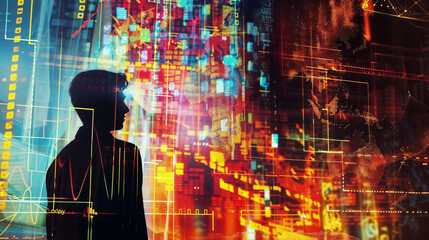 Silhouette of person against colorful digital data visualization in a screen. Concept of information overload and digital transformation. Human interaction with complex data systems