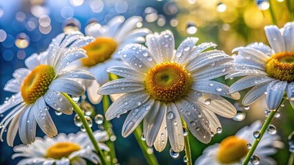 Portrait Photography of Chamomiles with Raindrops - Close-Up of Fresh Chamomile Flowers Glistening with Water After Rain, Nature's Beauty, Soft Focus, Floral Aesthetics, Spring Vibes